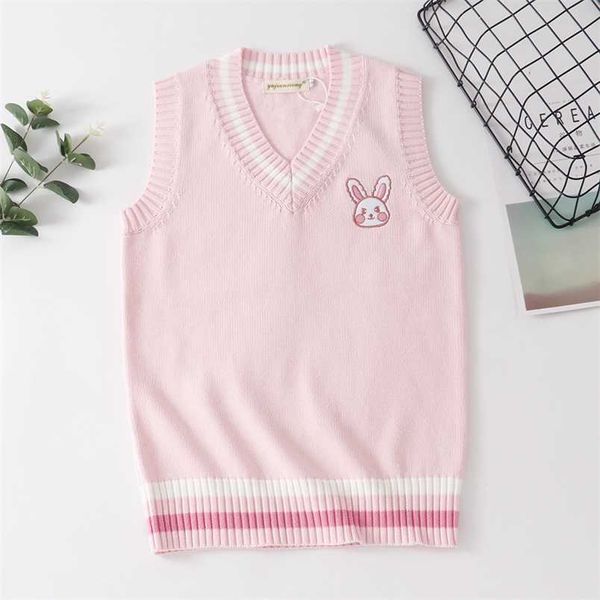 Jk sweater colete v pescoço bonito coelho rosa japonês kawaii bordado padrão coelho estudantes uniformemente menina menina pullover 211009