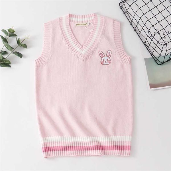 JK Pullover Weste V-Ausschnitt süße rosa Kaninchen japanische Kawaii Stickerei Muster Hase Studenten Uniform Schulmädchen Pullover 211009