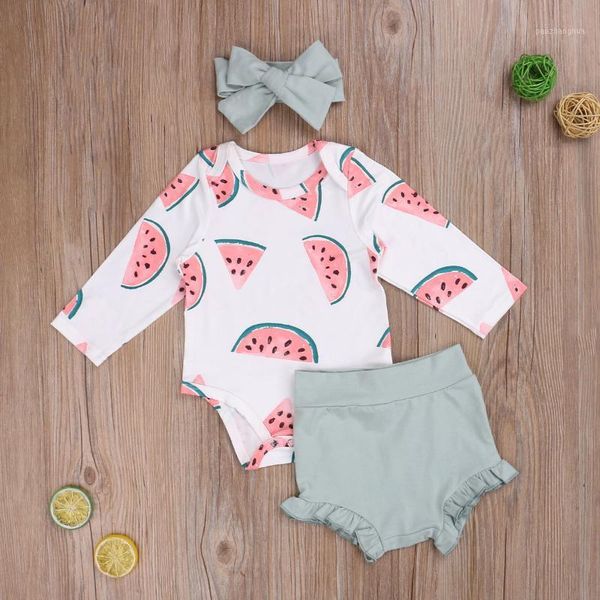 

baby & children's 0-18m born girls boys clothes sets watermelon print long sleeve romper shorts headband clothing1, White