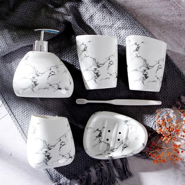 

bathroom accessories kit marble texture ceramic 5-7pcs/set with melamine tray/toothbrush holder/soap dispenser/wedding washroom bath accesso