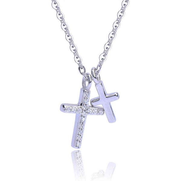 

wholale christian ornaments jewelry 925 sterling sier cz zircon double cross pendant chain necklace, Silver