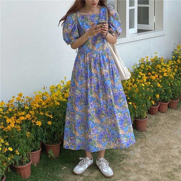 

summer women mid-length long dress floral casual chic fashion puff sleeves elegant korean ladies dresses 210529, Black;gray