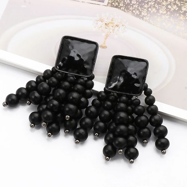 

wooden beaded chain tassel drop dangle earrings long statement earring for women fashion trend jewelry accessories gift, Silver