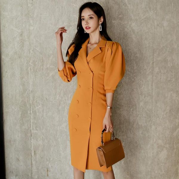 

casual dresses yellow blazer dress one piece korea ladies double-breasted lantern sleeve long notched office party for women, Black;gray