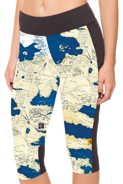 

summer digital print map hip high waist 7-point women's pants 7slgs-1048, Black