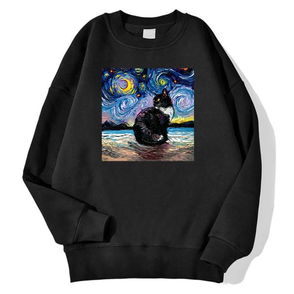 

women's hoodies & sweatshirts beautiful starry cat print o-neck sweatshirt female hip hop fashion hoody for women street plus size hood, Black