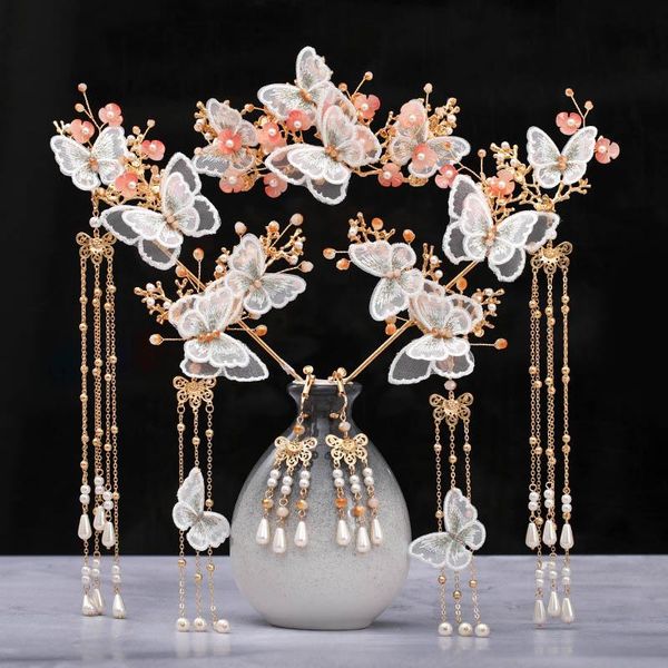 

wedding jewelry sets vintage women hairpin hair comb ear clips set step shake tassel butterfly flower bride accessories xh, Slivery;golden