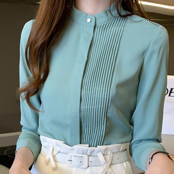

women's blouses & shirts femme long sleeve blouse women blusas mujer de moda 2021 stand collar office chiffon shirt e225, White