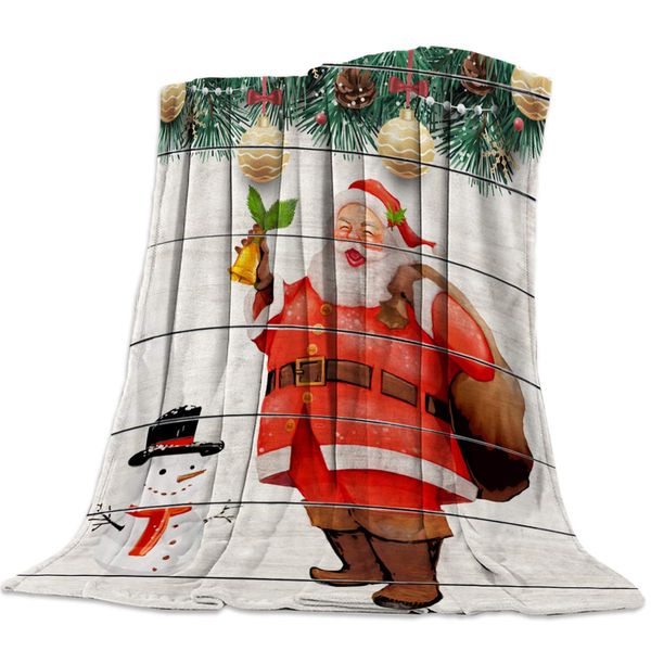

fluffy plush flannel fleece throw blanket, santa claus and snowman wooden board with christmas ball luxury lightweight warm cozy