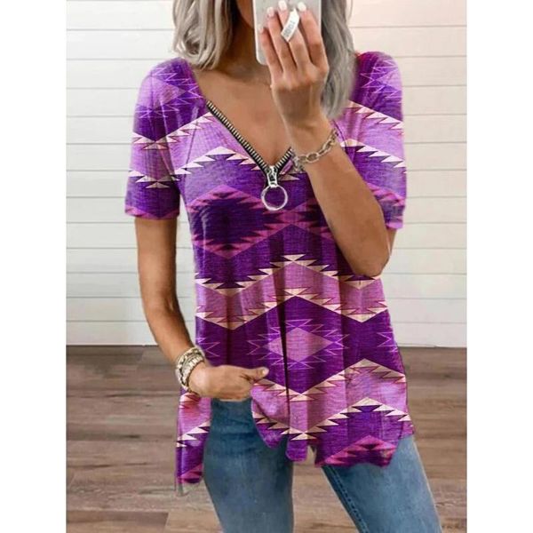 

women's t-shirt zipper printing short sleeve for womens clothing casual loose vneck tee fashion harajuku pullover tunic, White