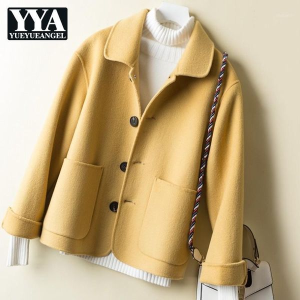 

spring autumn cashmere short coat women fashion lapel single breasted suit jacket streetwear long sleeve wool outerwear s-l women's & b, Black