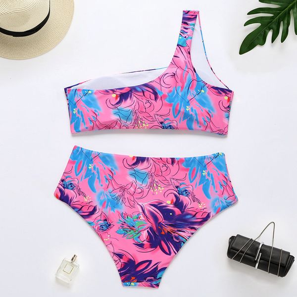

women one shoulder swimwear bikini set print swimsuit bikinis biquini mujer high waist beach bathing suit maillots de baining