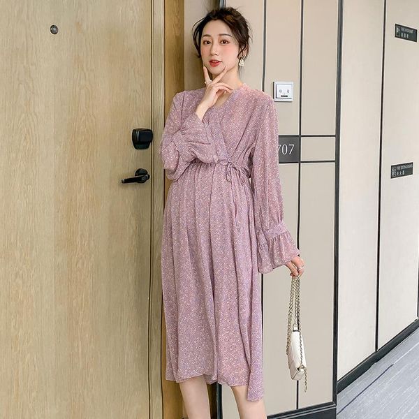 

maternity dresses thin chiffon dress ba slim waist v neck clothes pregnant women fashion chic ins floral printed pregnancy vestidos, White