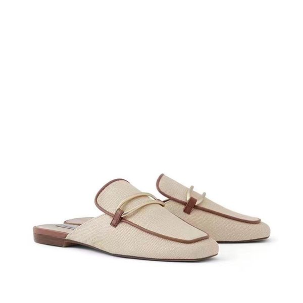 

flat bottomed slippers summer square head semi slippers female metal buckle muller shoes for lazy people, Black