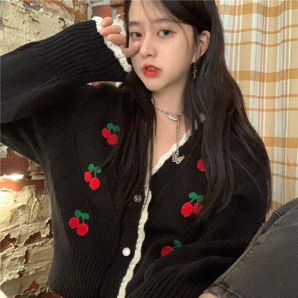 

women's knits & tees 2021 spring lovely cherry embroidery long sleeve cardigan women korean style cute casual patchwork loose v-neck kn, White