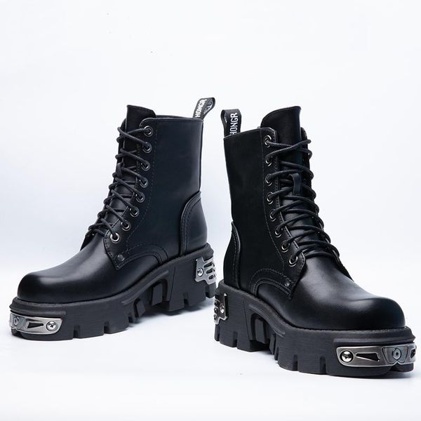

boots punk style platform women ankle women's motorcycle boot genuine leather fashion ladies chunky shoes metal decor black
