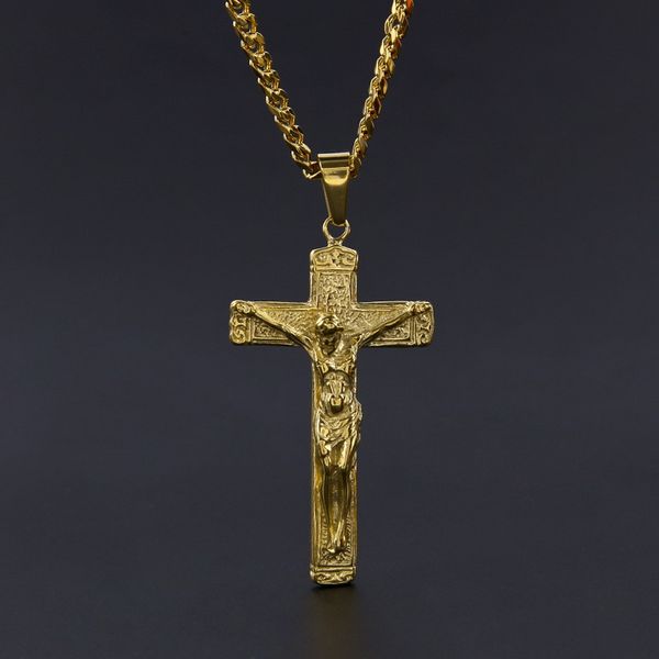 

jesus cross necklace gold plated stainless steel pendant fashion religious faith necklaces mens hip hop jewelry, Silver