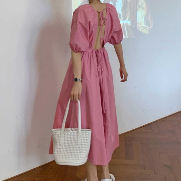 

chic korean pink o neck back hollow out dress women lace-up drawstring waist puff short sleeve backless summer wild loose 210610, Black;gray