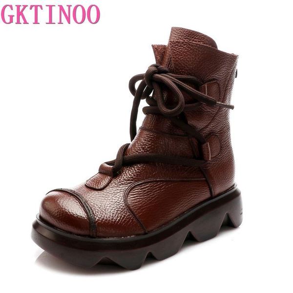 

women boots 2021 genuine leather lace-up shoes handmade retro casual concise sewing ankle platform, Black
