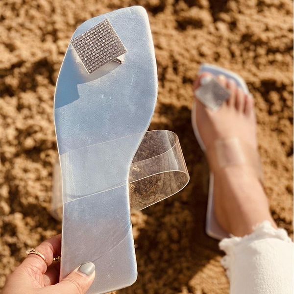 

slippers women crystal transparent 2021 summer woman square toe flip flops female slides ladies casual beach shoes plus size 43, Black