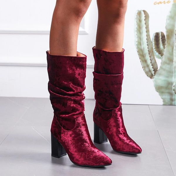 

boots rimocy flock pleated mid calf women square heels slip-on loose autumn woman pointed toe high heel botas plus size 43, Black