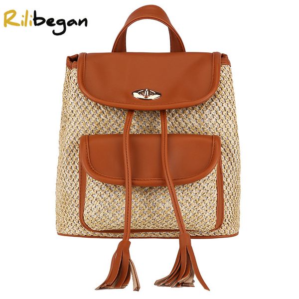 

women summer leather pu patchwork style fashion backpack handmade straw causal bags