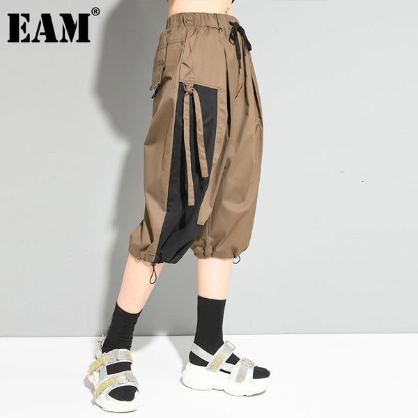 [EAM] Hohe Elastische Taille Khaki Kontrast Farbe Tasche Harem Hosen Lose Fit Hosen Frauen Mode Frühling Herbst 1DD7167 21512