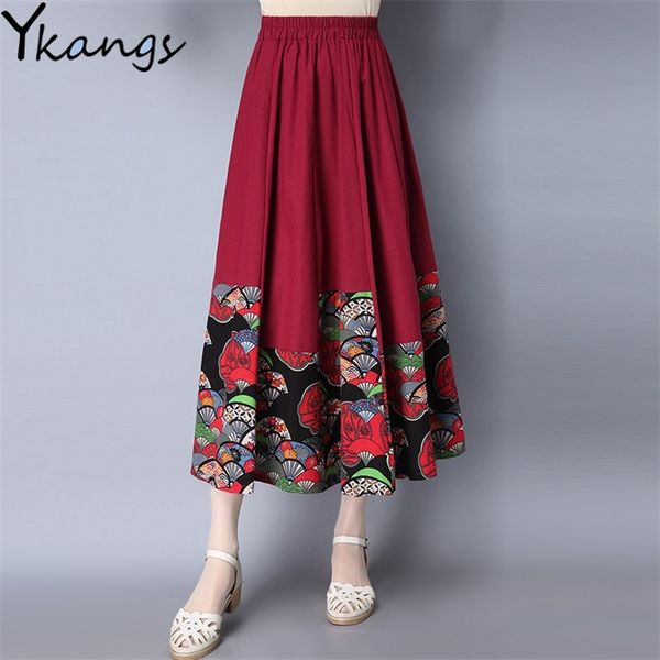 

summer cotton linen women midi skirt ethnic style high waist patchwork skirts female vintage black printed skirt faldas mujer 210421