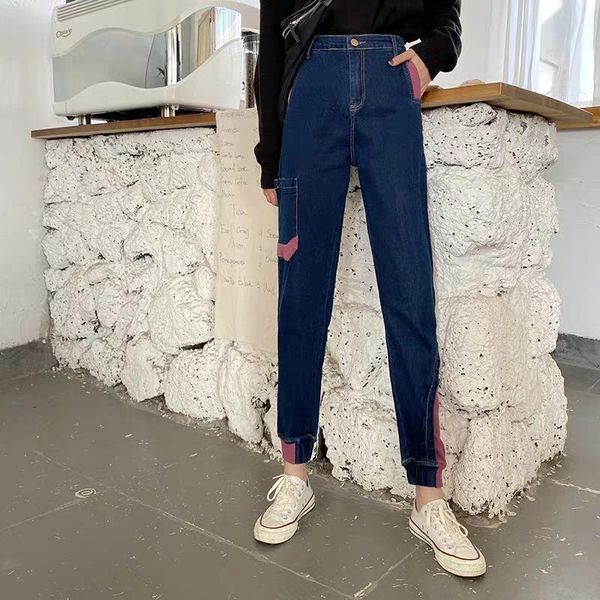 

women's jeans woman plus-size harem pants high waist cotton ankle-length office lady patchwork loose women denim trousers 2021 fashion, Blue