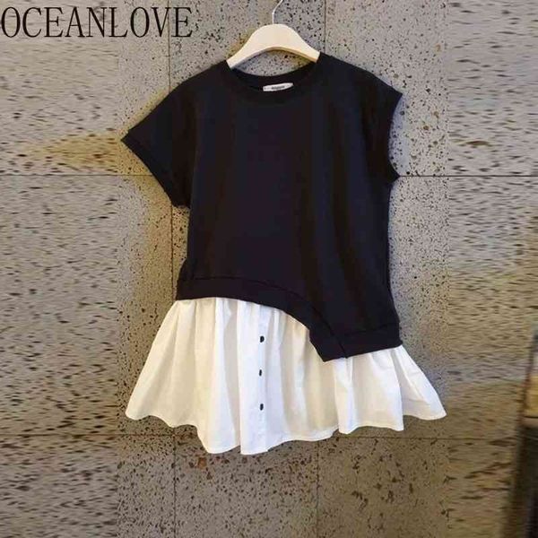 

black white patchwork t-shirt short sleeve korean women t shirt ruffles spring summer ropa mujer casual 14237 210415