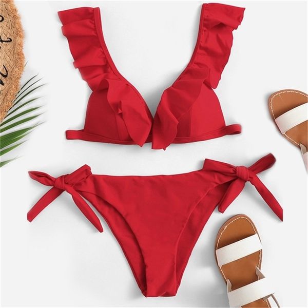 Bikini Brasiliano Mujer Summer Ruffle Swimwear Donne Rosso Bianco Bianco Black Push Up Pads Sexy Costume da bagno Bandaggio Due pezzi Swim Wear 210407