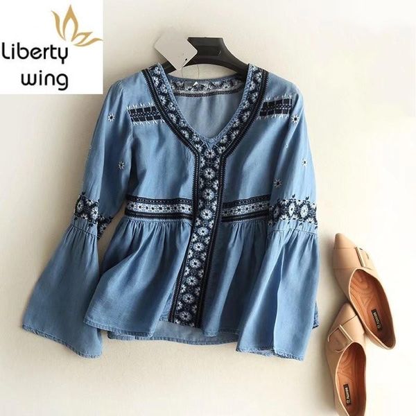 

women's blouses & shirts spring v-neck short denim for women embroidery floral long blouse casual slim flare sleeve female, White