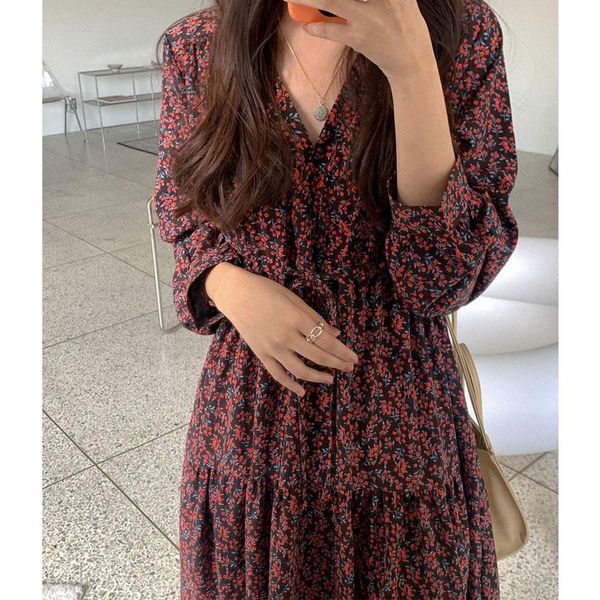

casual dresses one-piece french vintage floral print long sleeve women dress korean elegant fashion loose spring autumn female vestidos, Black;gray