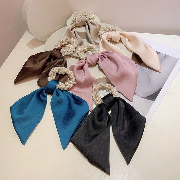 Elegante Bowknot Sciarpa per capelli Fiocco Stelle filanti Fasce per capelli Nastro Scrunchies di perle Supporto per coda di cavallo Accessori per capelli elastici