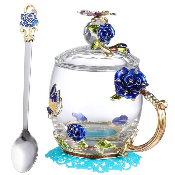 

mugs fashion enamel water cup set home flower design glass mug (short blue)