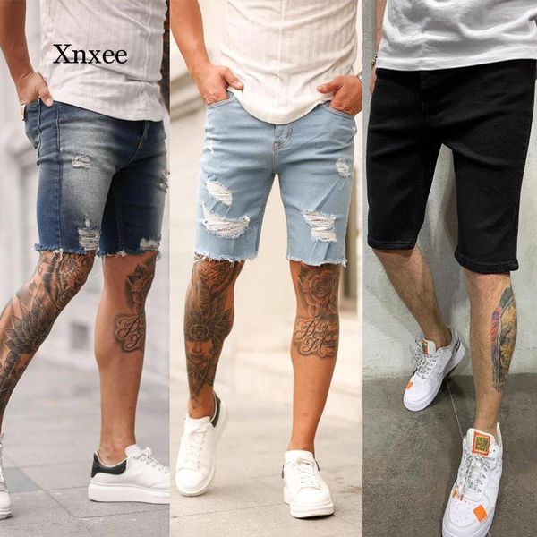 Homens rasgados jeans shorts de perna de algodão algodão refrigerável jeans leggings masculino furo curto lápis calças homens