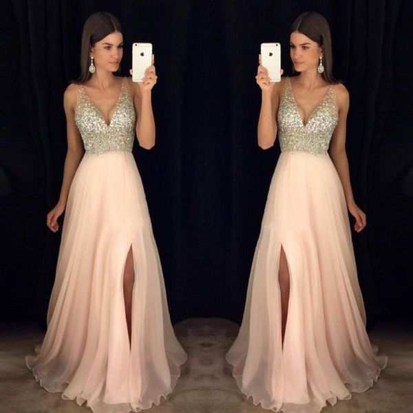

party dresses 2021 a-line v-neck floor length prom evening dress pink tulle split formal gowns for wedding, White;black