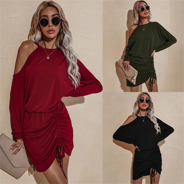 

casual dresses long sleeve loose drawstring dress solid color 2021 autumn commuter women's off shoulder mid-waist office skirt, Black;gray
