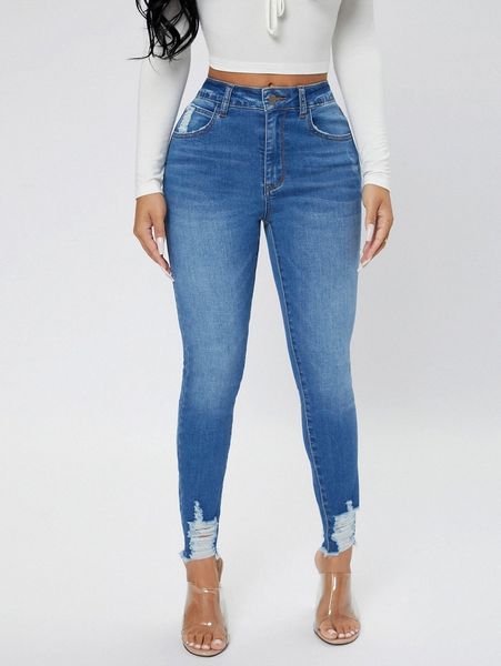 

petite ripped frayed skinny jeans h2io#, Blue