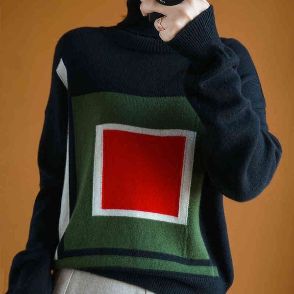 

women's sweaters 100% pure wool high collar pullover thick warm sweater short color matching long sleeve loose casual women lhg3, White;black