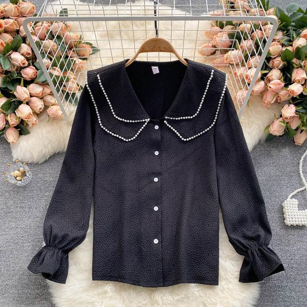

women's blouses & shirts 2021 autumn temperament blouse female lapel double beaded blusa slim shirt df119, White
