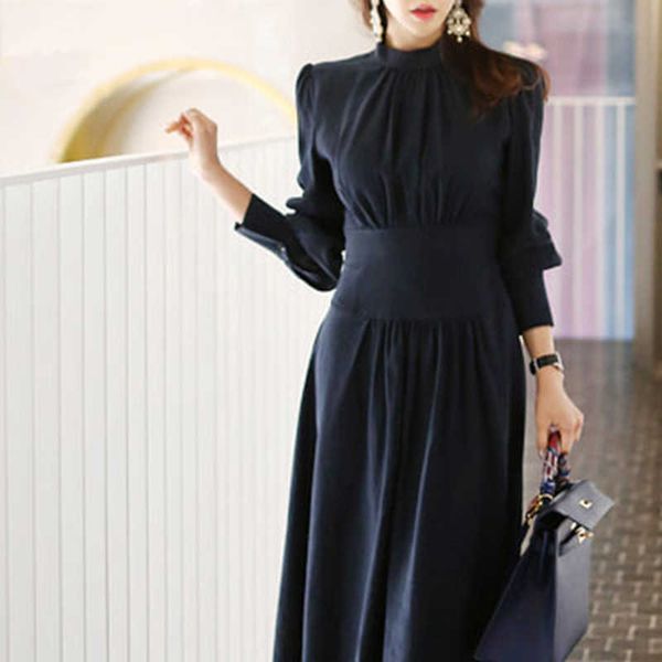 

mozuleva korean ladies social collar simple dress female zippers full regular natural stand sheath office lady 210706, Black;gray