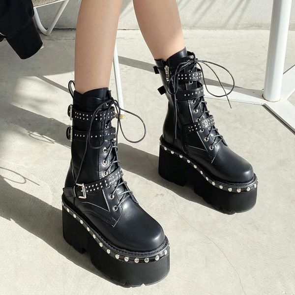 

dress shoes 2021 autumn winter motorcycle boots muffin rivet lace thick soled high heel middle tube large 43, Black