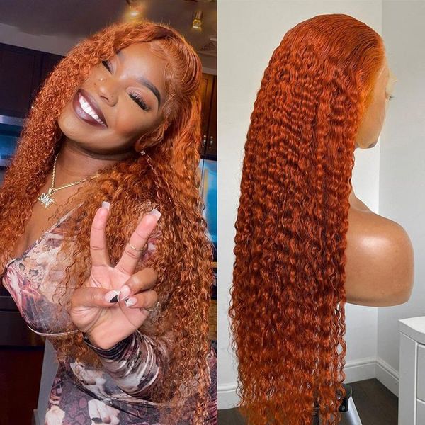 

lace wigs ginger orange color water wave curly wig 13x4 front human hair highlight deep 4x4 closure black women, Black;brown
