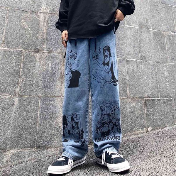 

harajuku sailor moon pattern women jeans print streetwear vintage washed loose wide leg pants man graffiti, Blue