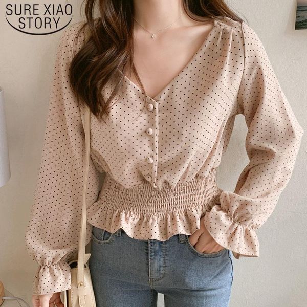 

women's blouses & shirts elegant vintage v-neck flare sleeve polka dot women blouse streetwear slim waist ruffles female blusas 6602 50, White