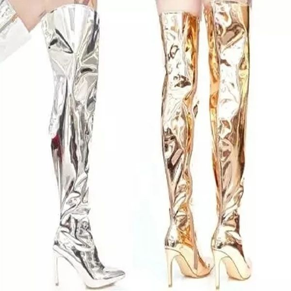 

autumn winter catwalk show gold silver mirror bright leather boots thin section high boots pointed toe over the knee knight boot, Black
