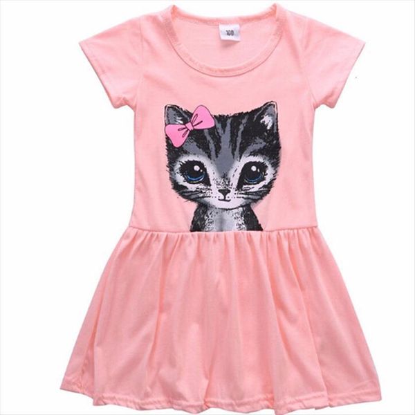 

short sleeve baby kids girl dress cartoon cat print for girls cute cotton, Red;yellow