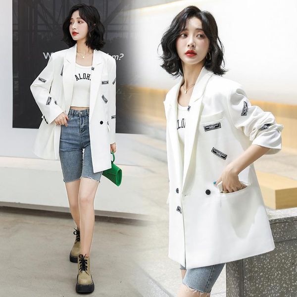 

women's suits & blazers spring autumn design casual temperament mid-length letter print suit jacket female black white blazer, White;black