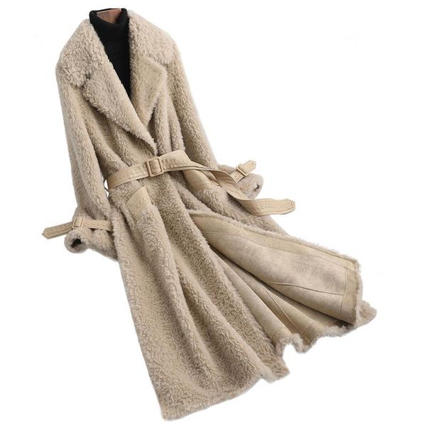 

women's fur & faux genuine blended wool coat with belt winter women warm outerwear suit lf21007kqn, Black